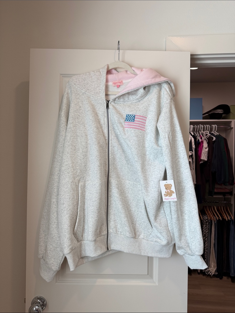 Happy Camp3r Light Gray & Pink Hooded Zip Jacket with Flag Patch
